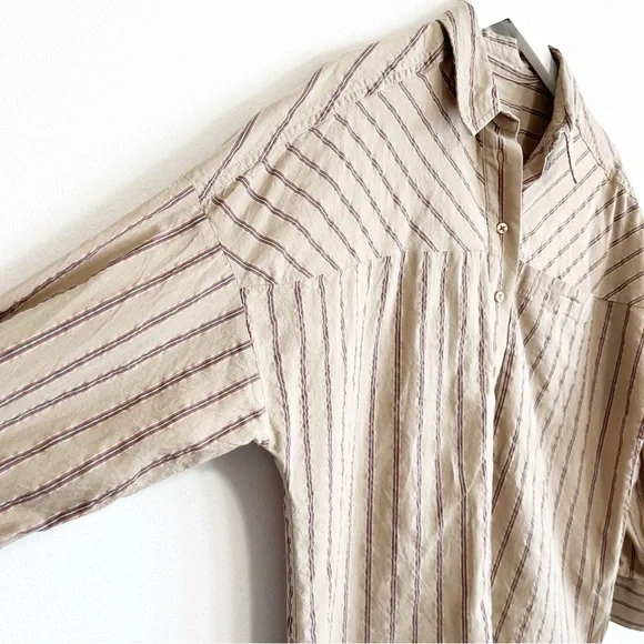 BOGO! Anthropologie Pilcro Boyfriend Button Down Oversized Tan Stripe Size XS - Picture 5 of 9